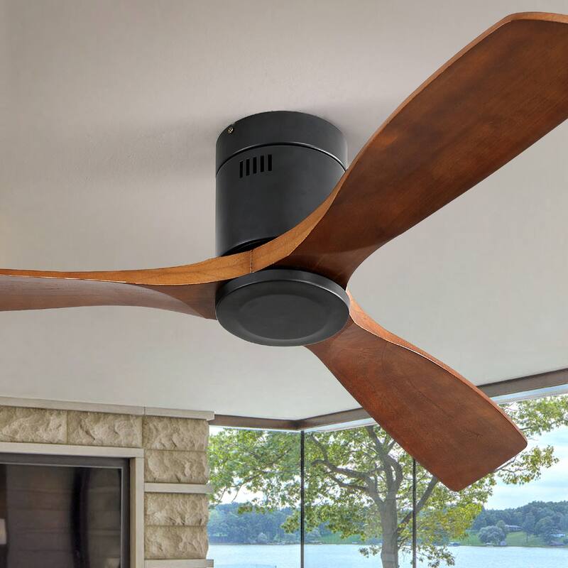 52" Low Profile Ceiling Fan 3 Carved Wood Fan Blade Noiseless Reversible DC Motor Remote Without